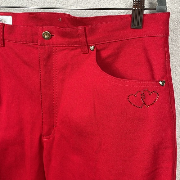Escada Red Straight Leg Ankle Jeans Heart Crystal Rhinestone Designer Sz 46 - Picture 2 of 15